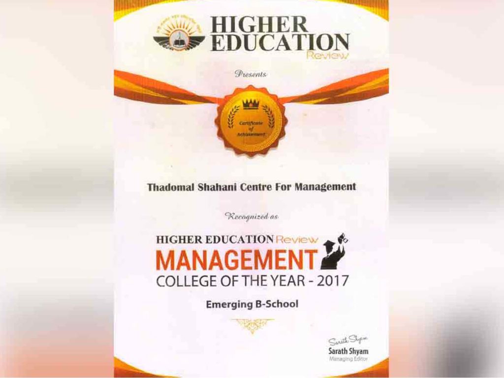 Management College of the Year – 2017 by Higher Education Review Magazine