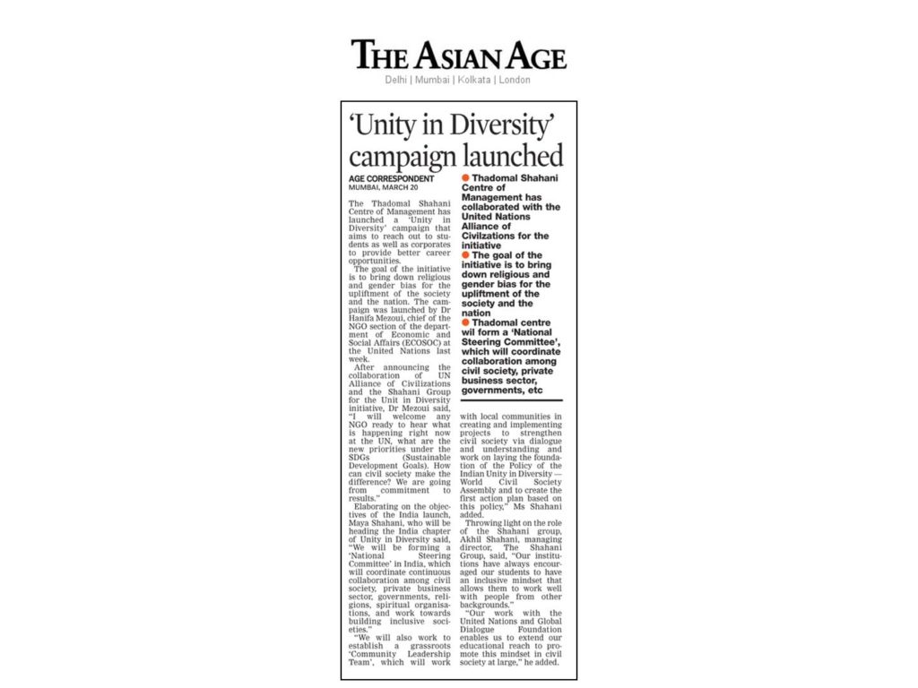 The Asian Age covers Unity in Diversity Initiative