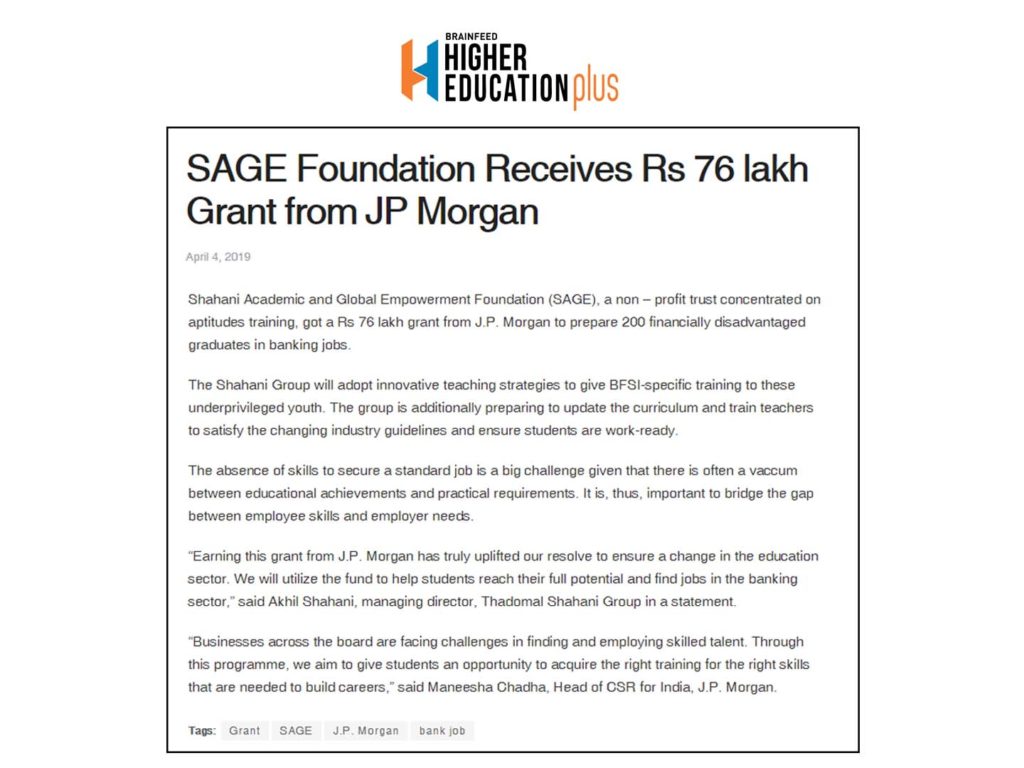 SAGE Foundation Receives Rs 76 lakh Grant from JP Morgan