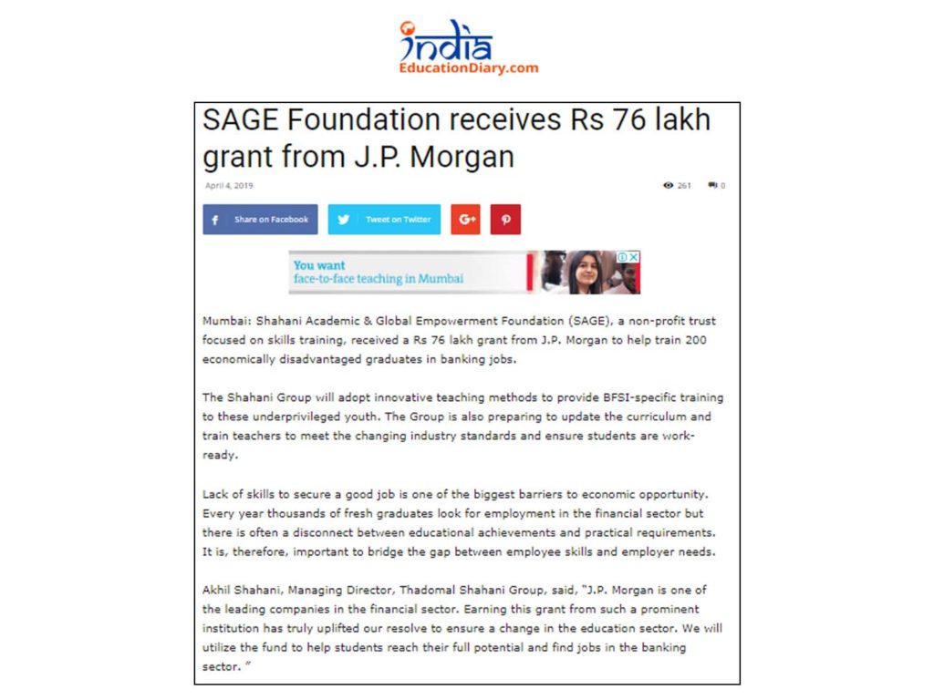 Jp Morgan Grants Rs 76 Lakhs To Sage Foundation For Training 0 Graduates Ask Careers