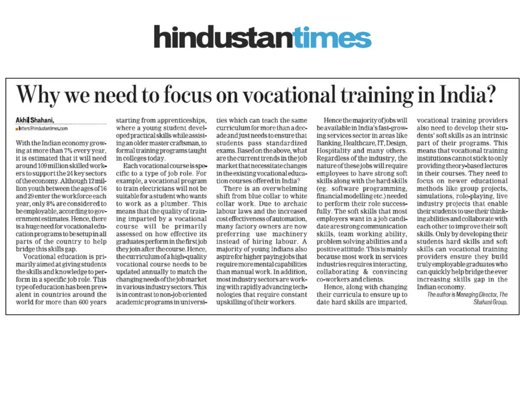 Our Managing Director, Akhil Shahani's take on Vocational Training in India