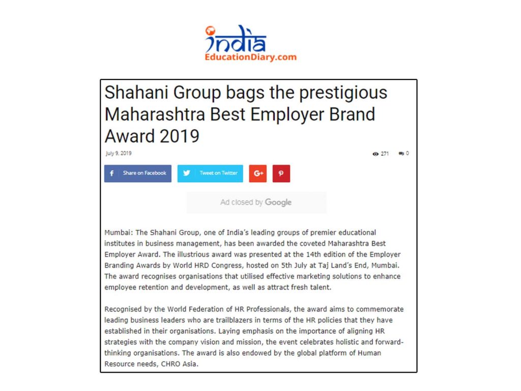 Shahani Group bags the prestigious Maharashtra Best Employer Brand Award 2019