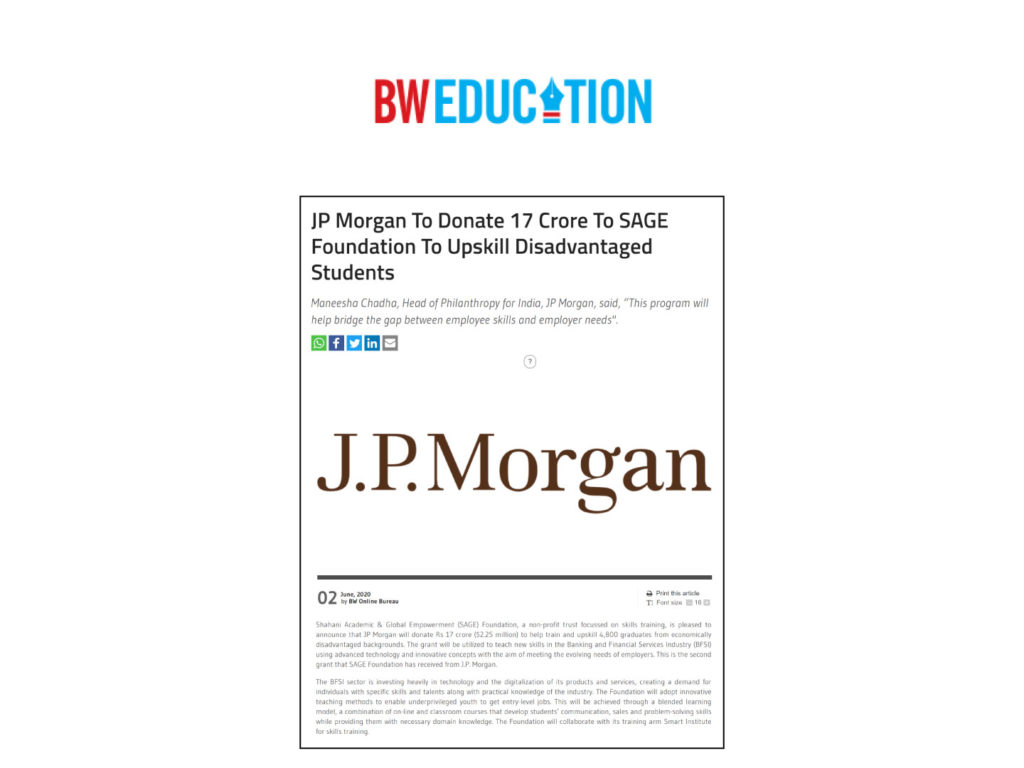 JP Morgan donates to build careers of thousands of underprivileged Indian youth