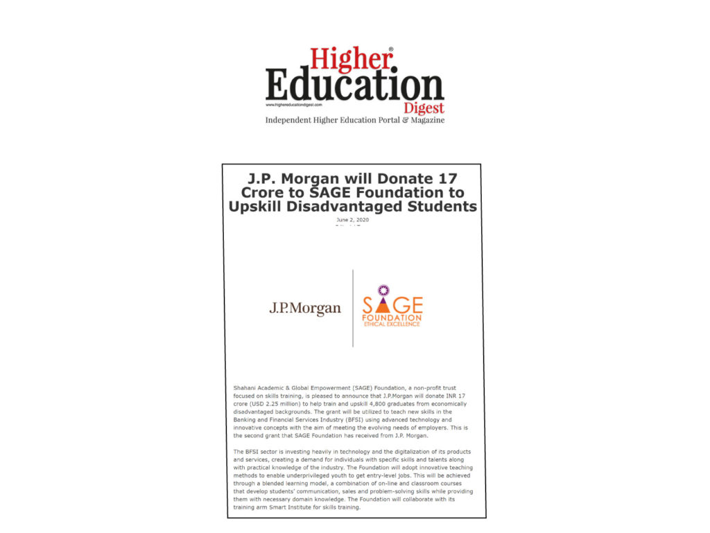 J.P. Morgan will Donate 17 Crore to SAGE Foundation to Upskill Disadvantaged Students