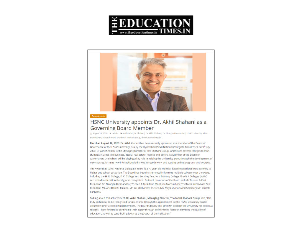HSNC University appoints Dr. Akhil Shahani as a Governing Board Member