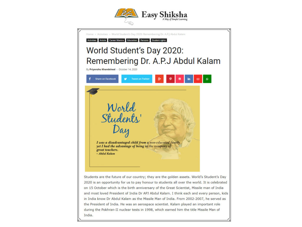 World Student’s Day 2020: Remembering Dr. A.P.J Abdul Kalam