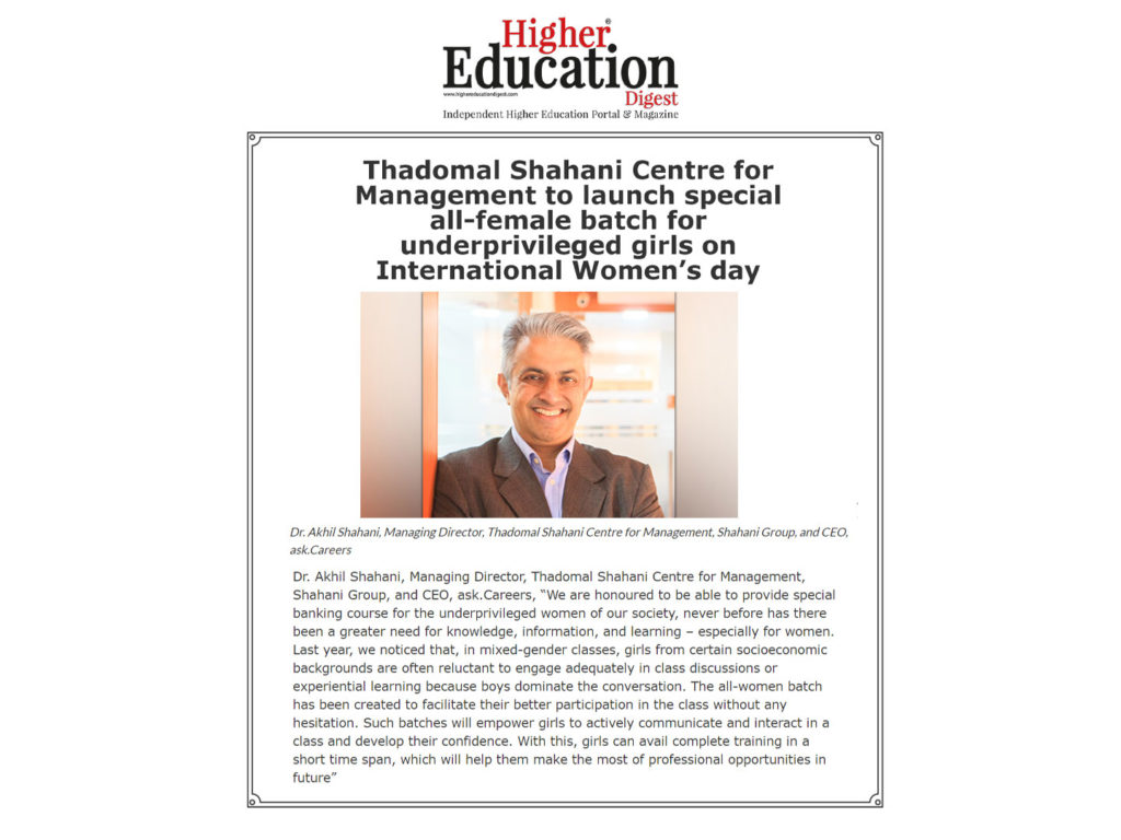 Thadomal Shahani Centre for Management to launch special all-female batch for underprivileged girls on International Women’s day