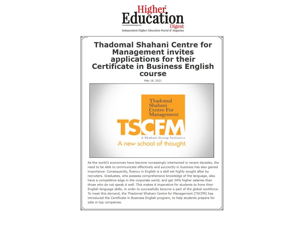 Thadomal Shahani Centre For Management Invites Applications For Their Certificate In Business English Course